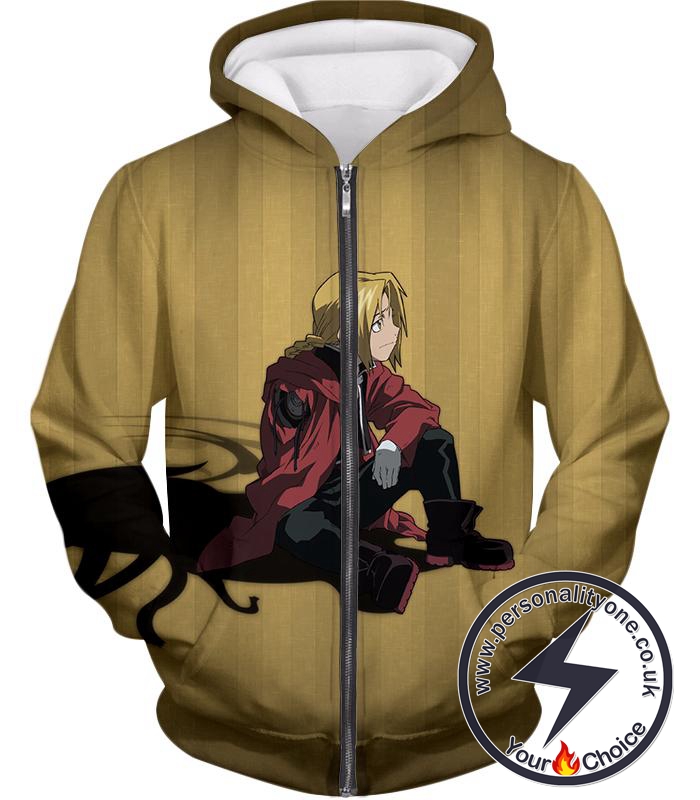 Fullmetal Alchemist Blonde Haired Anime Hero Edward Elrich Cool Pose Brown Zip Up Hoodie